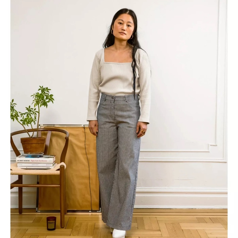 $198 LOUP - Blue TONI Stripe Cotton Casual Wide Ankle Leg Pants - Women's Small